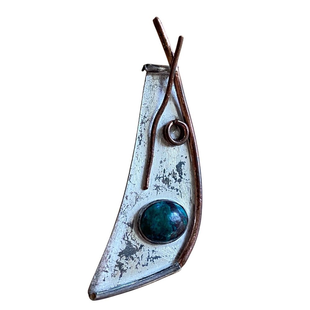 Vintage Abstract Silver Tone Brooch With Turquoise Stone & Copper Accents